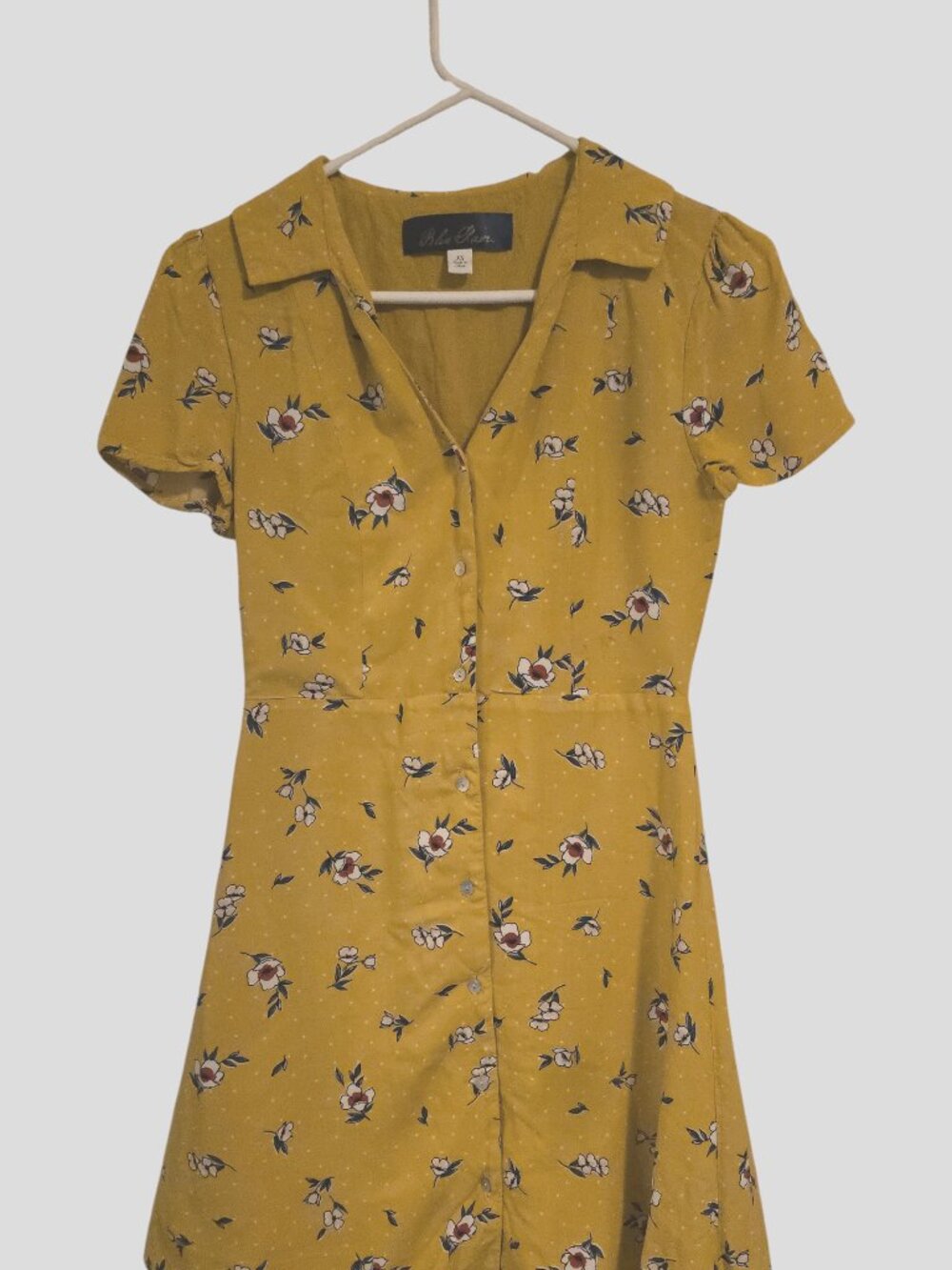 Y2K Blue Rain Floral Button up Yellow A-Line Dress Small